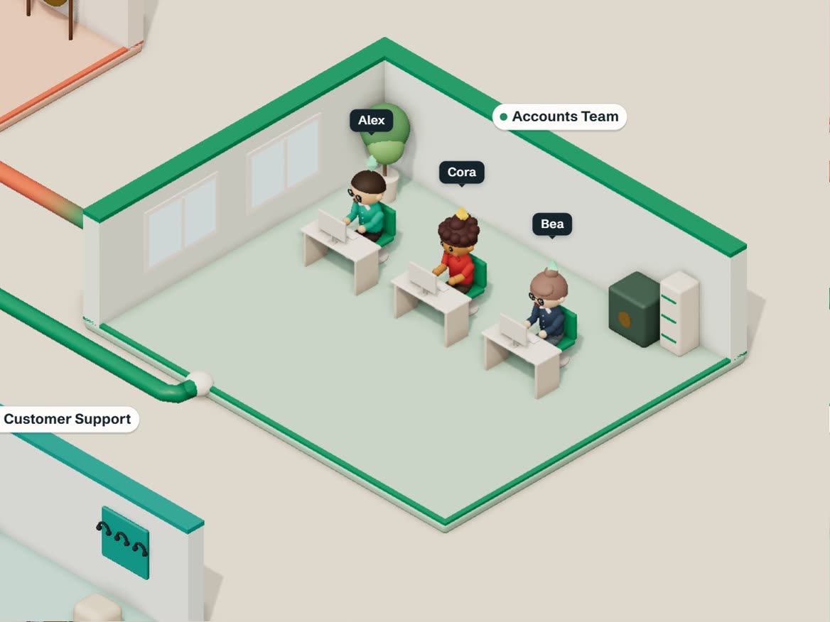 The accounts room in a sample Virtual Agent Hub: three AI agents at their desks