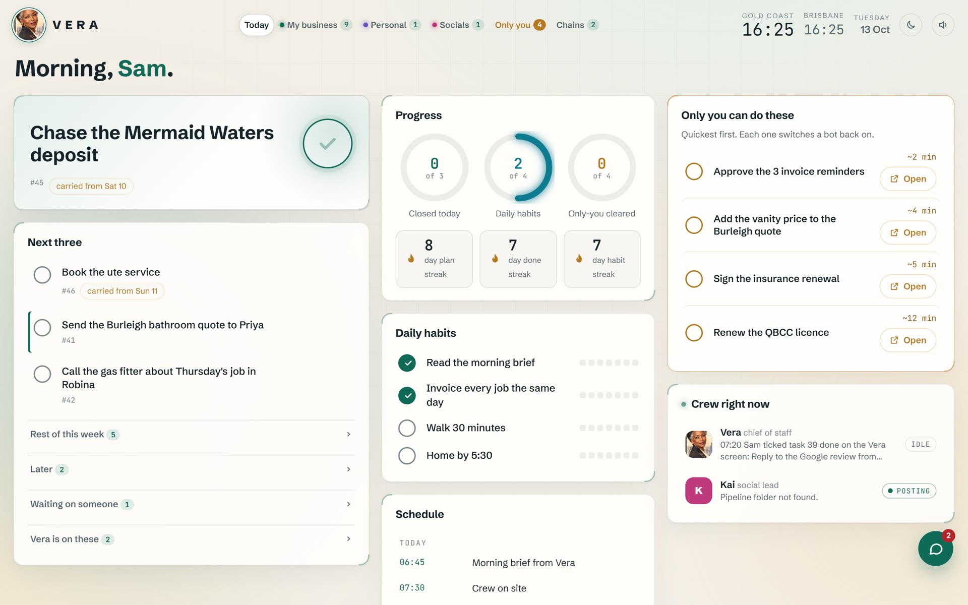 The Vera screen on a tablet: a morning greeting, the one thing to do now, the next three tasks, daily habits and the list of things only you can do