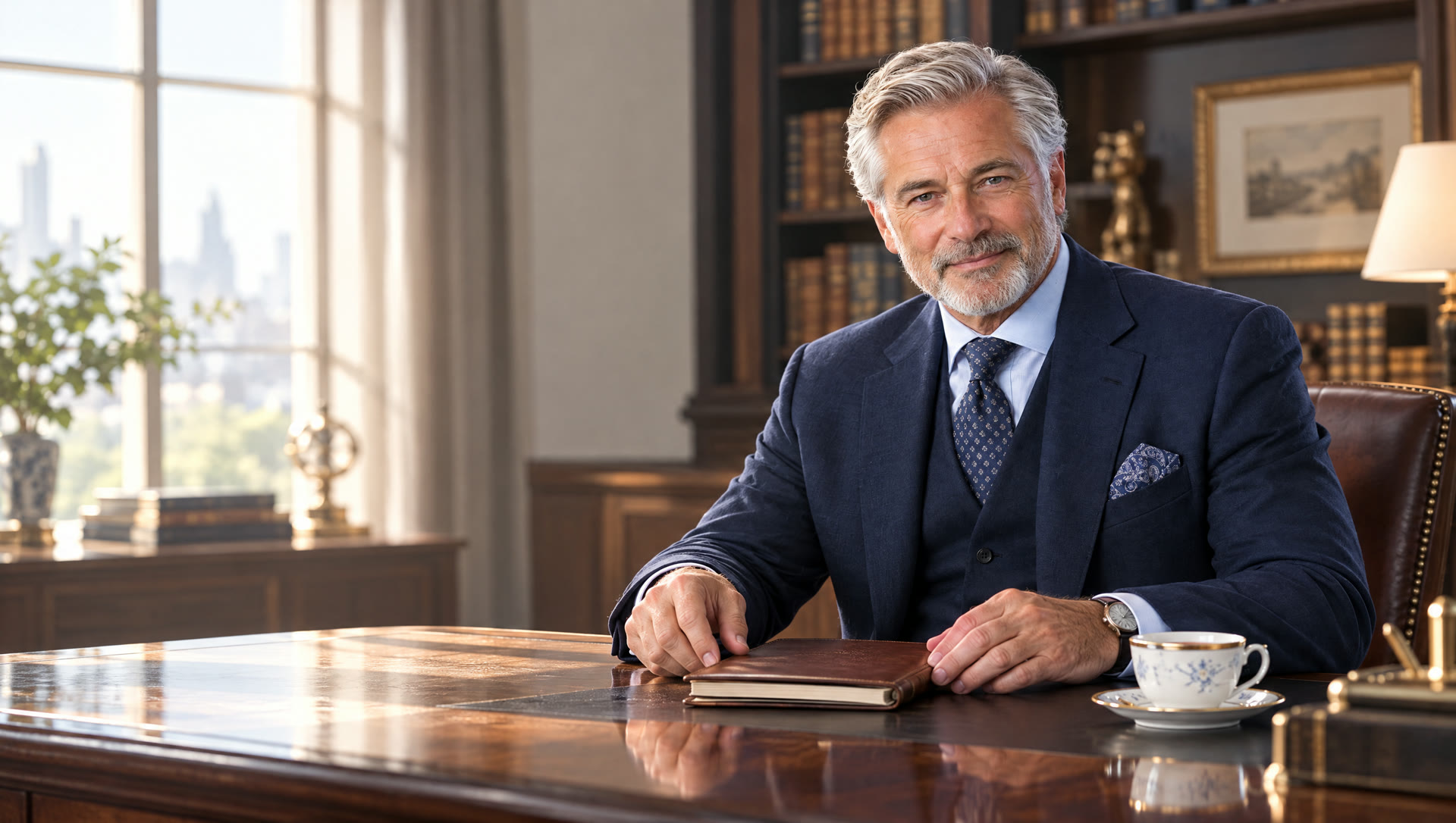 Sterling, a distinguished older gentleman in a navy three-piece suit, at his desk with the morning coffee