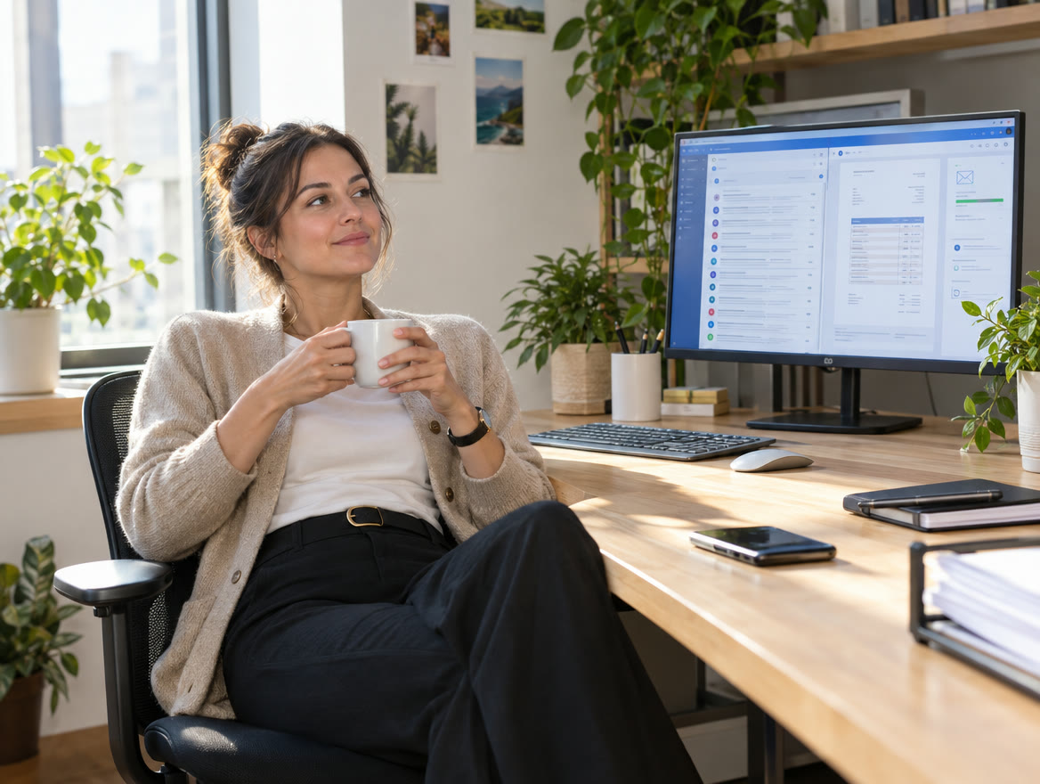 An office worker reviewing an automated report on a laptop