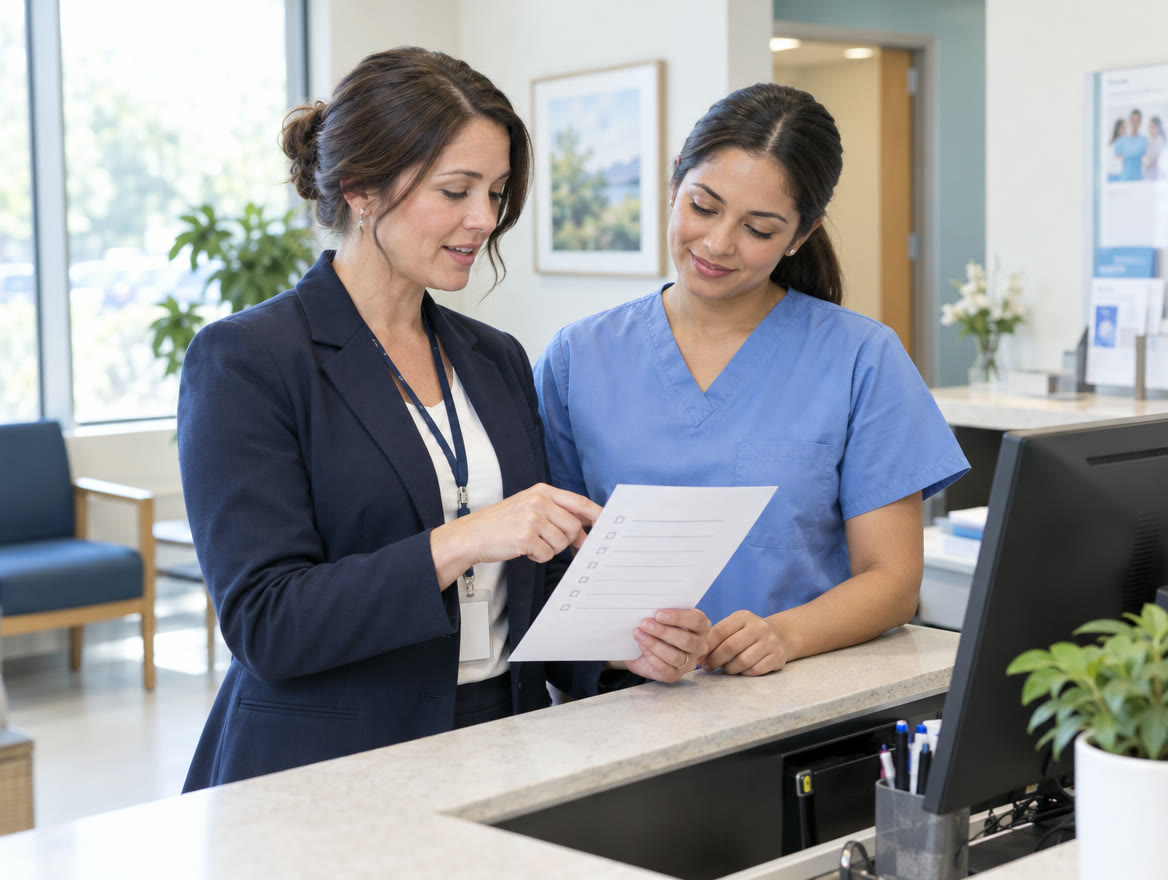 A manager reviewing an AI safe-use policy document with her team