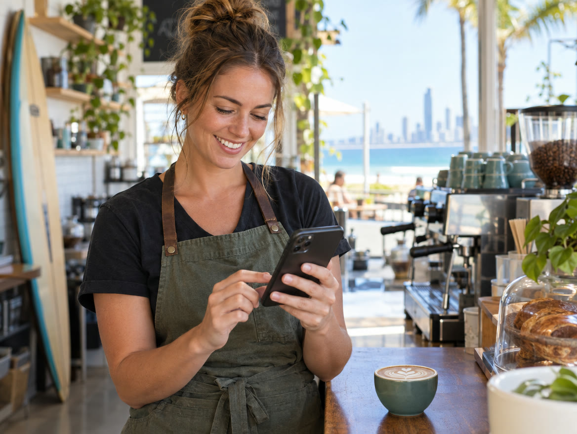A small business owner filming a short video on her phone in her shop