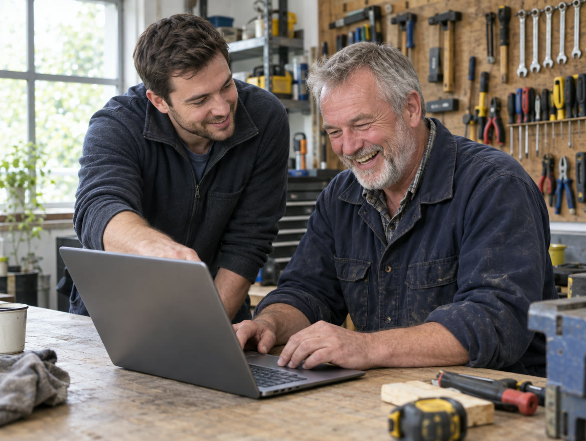 A trainer working through an exercise with a small team around a laptop