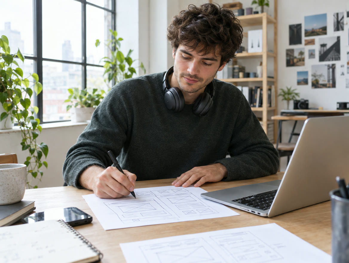 A designer reviewing a new website layout on a large screen