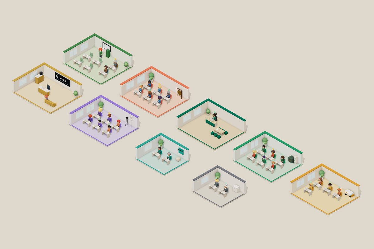 A bigger AI office with 30 AI staff across several departments. Sample office from the Virtual Agent Hub demo.