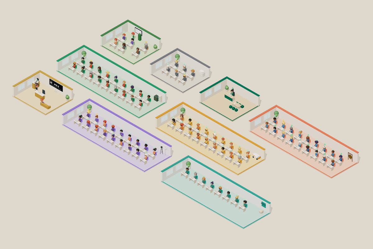 A huge AI headquarters floor with 100 AI staff in rows of desks. Sample office from the Virtual Agent Hub demo.