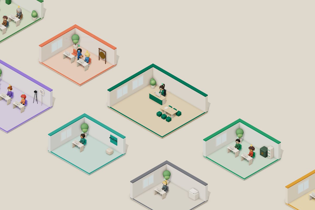 A small AI office: a handful of AI staff at desks, led by an AI personal assistant. Sample office from the Virtual Agent Hub demo.