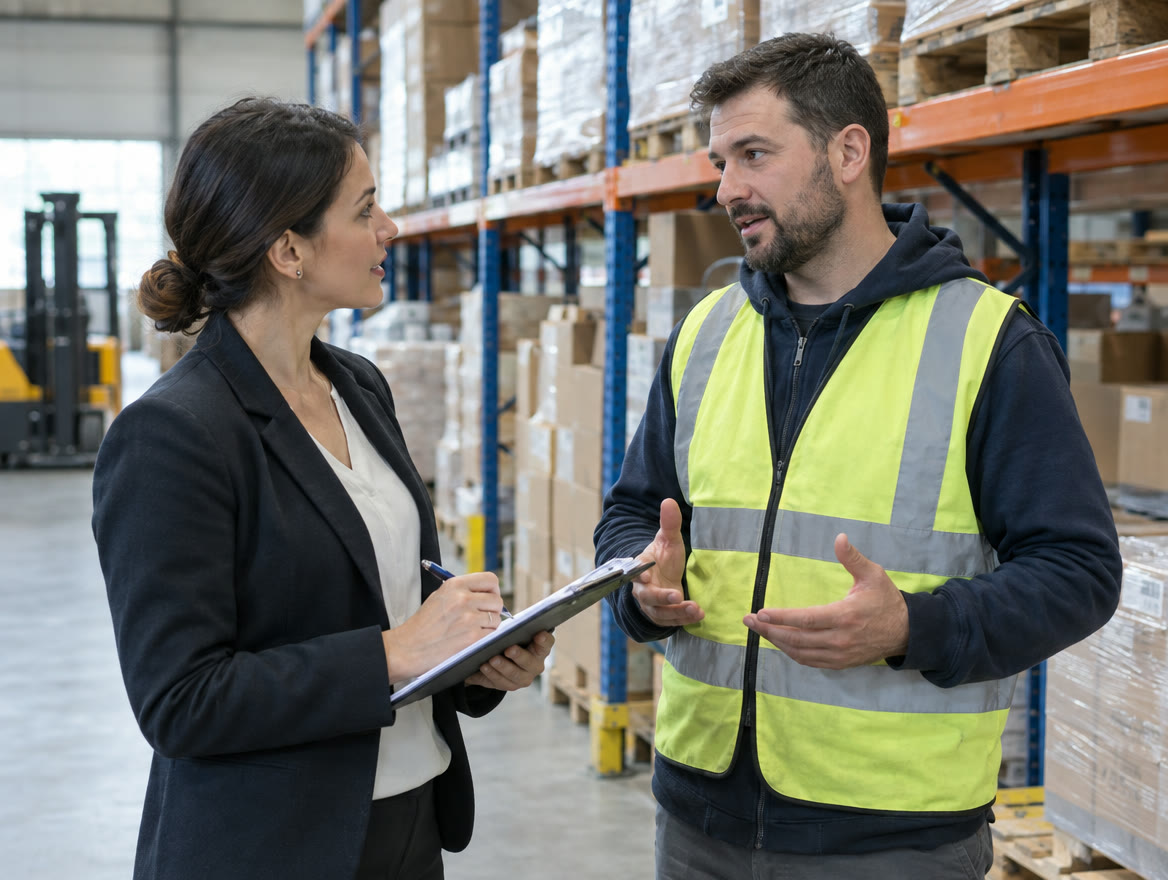 A consultant and a warehouse manager walking the floor with a clipboard