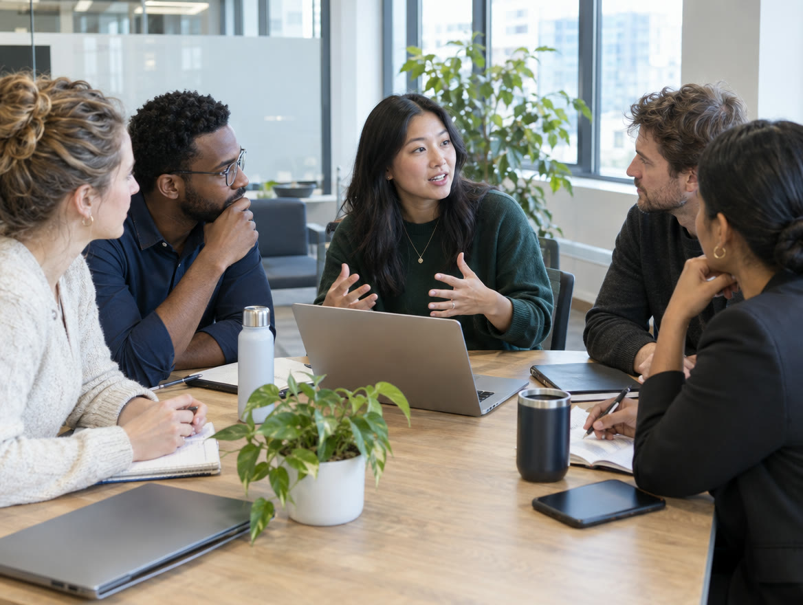 A team around a meeting table agreeing their AI policy
