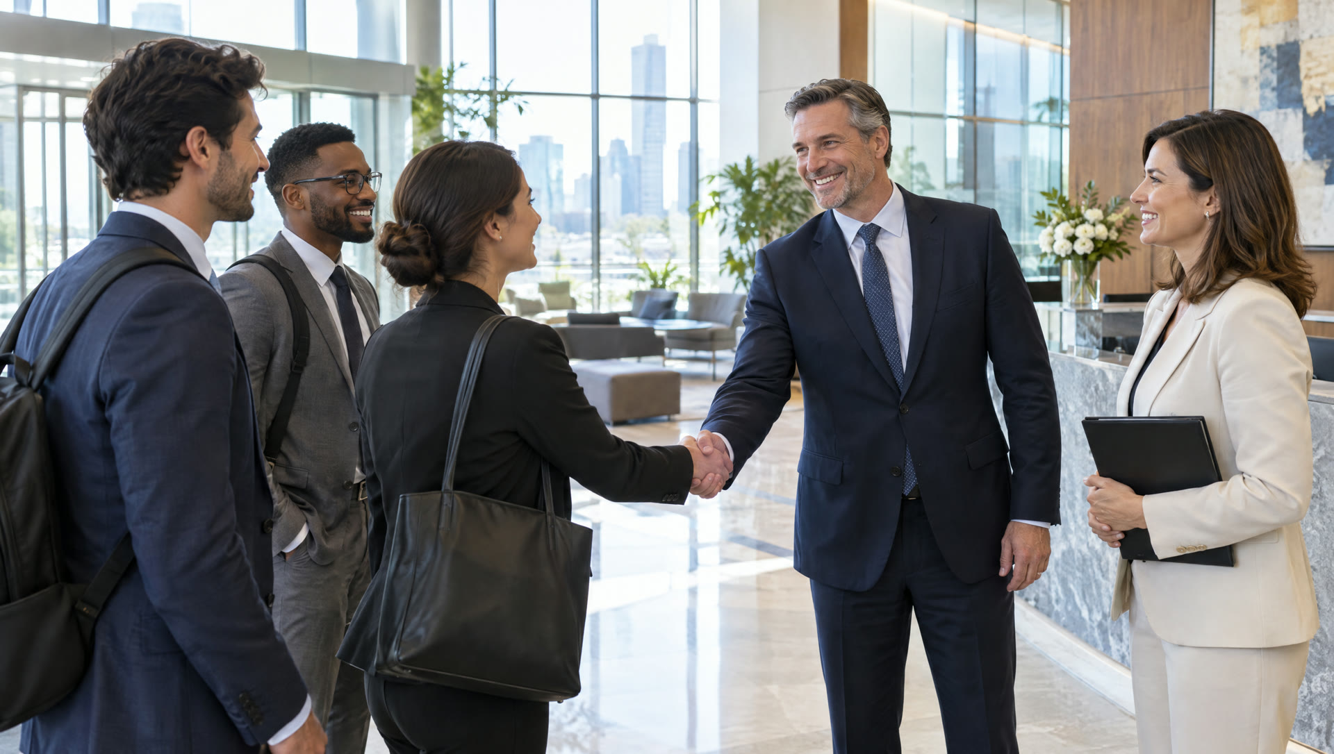 A consulting team arriving at a client's office