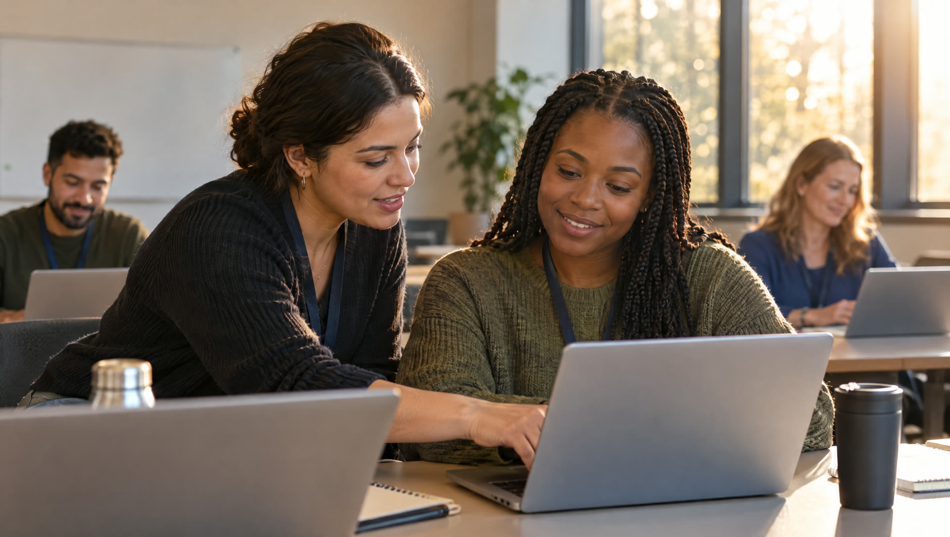A trainer working through a laptop exercise with a small team