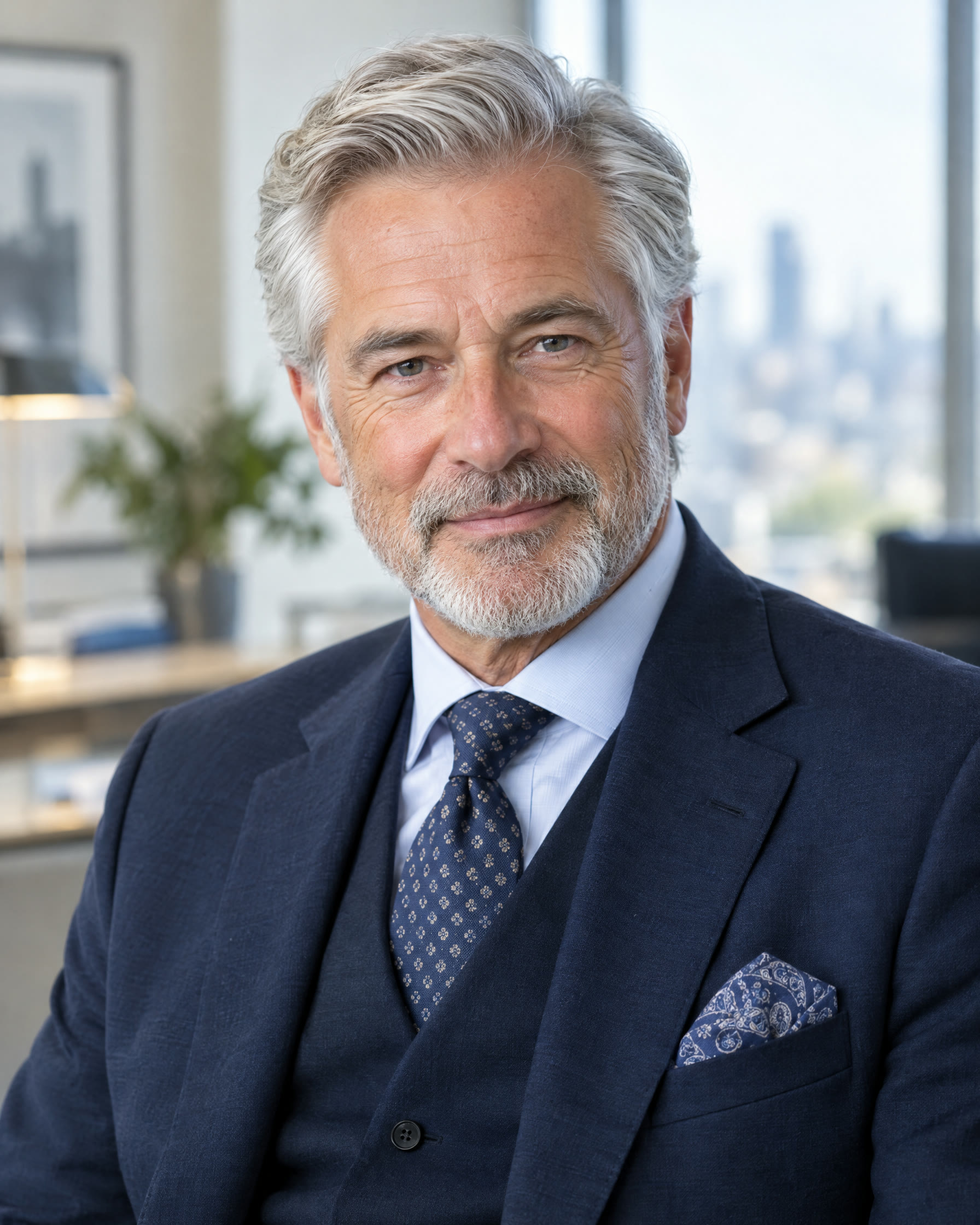 Sterling, an AI agent: a distinguished older gentleman in a navy three-piece suit