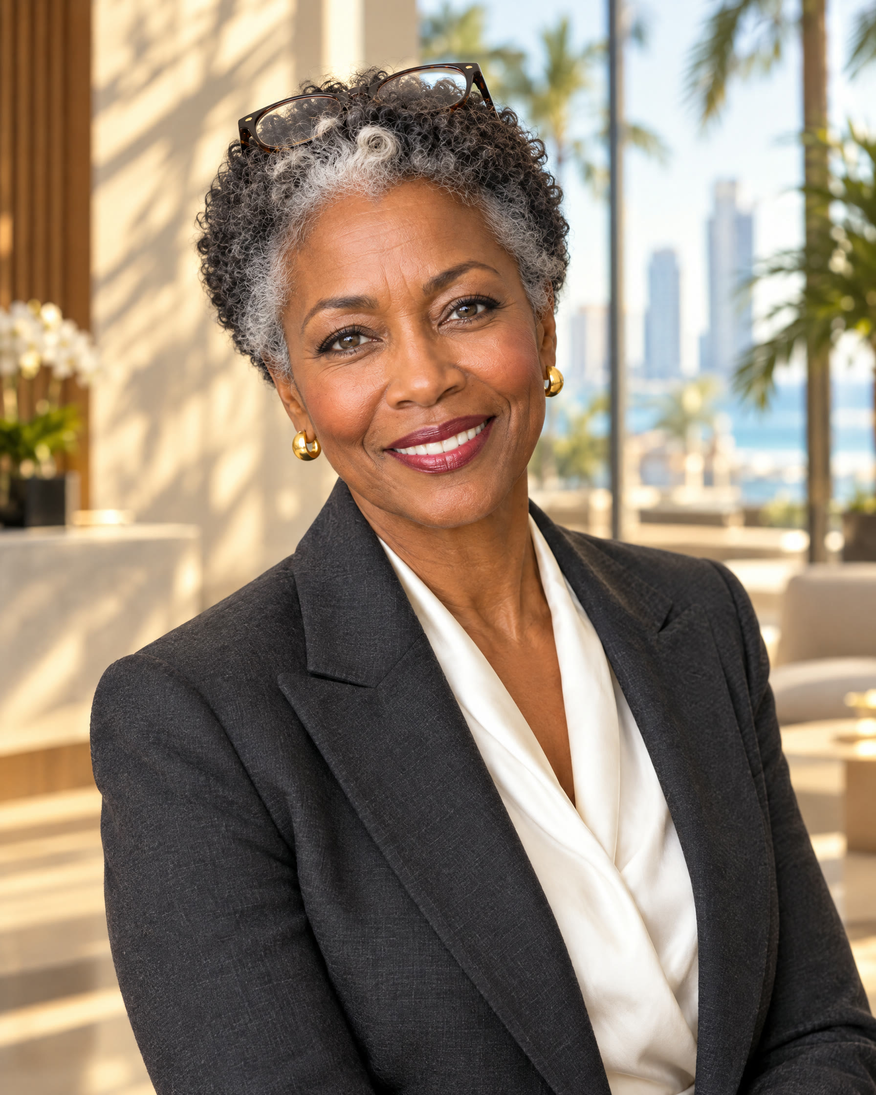 Vera, an AI agent: a warm, direct woman in a charcoal blazer, smiling