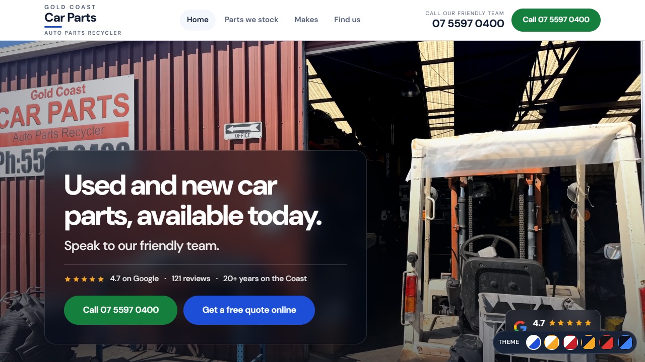The Gold Coast Car Parts home page hero: a yard of cars with a free quote button