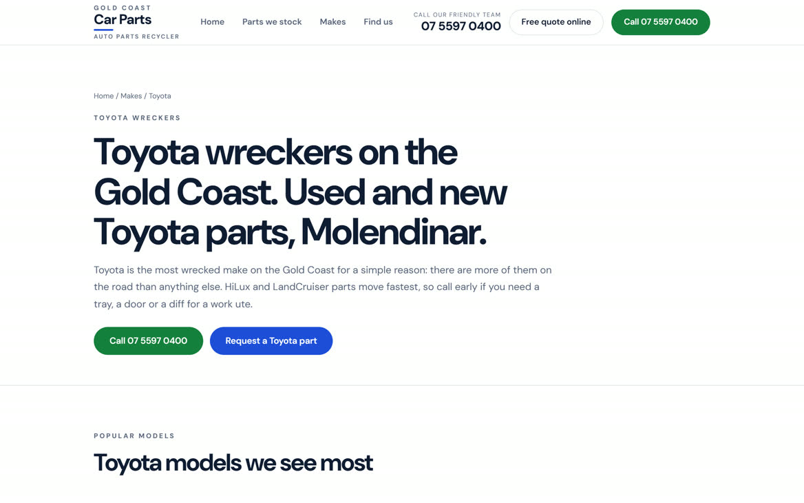 A make page from the Gold Coast Car Parts search system: Toyota wreckers, with the parts and a quote button