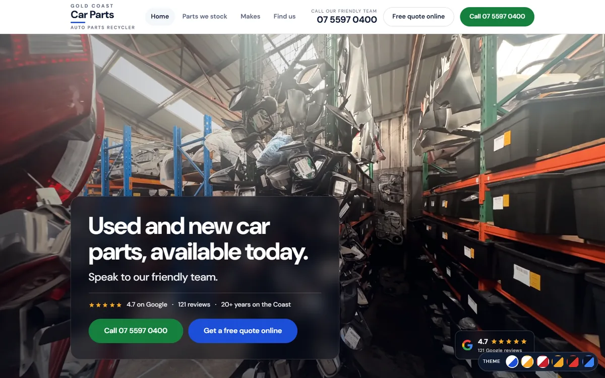 The Gold Coast Car Parts home page: a wrecking yard photo with the headline Used and new car parts, available today