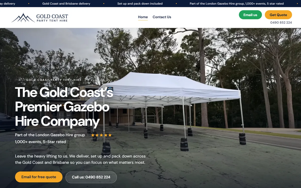 The Gold Coast Party Tent Hire home page: a white gazebo under the headline The Gold Coast's premier gazebo hire company