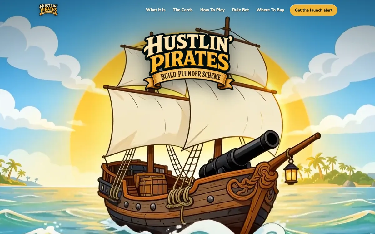 The Hustlin' Pirates launch site: a pirate ship illustration above the game's tagline